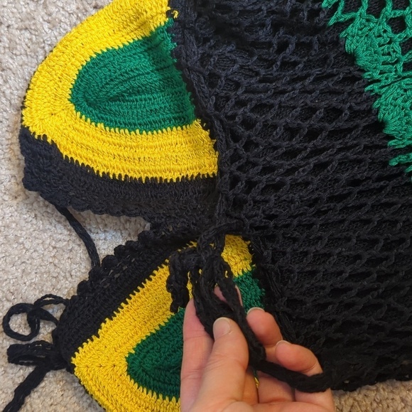 Crochet Boho Halter Style Lined Midi Dress Green Black Yellow XS/S - Picture 10 of 11